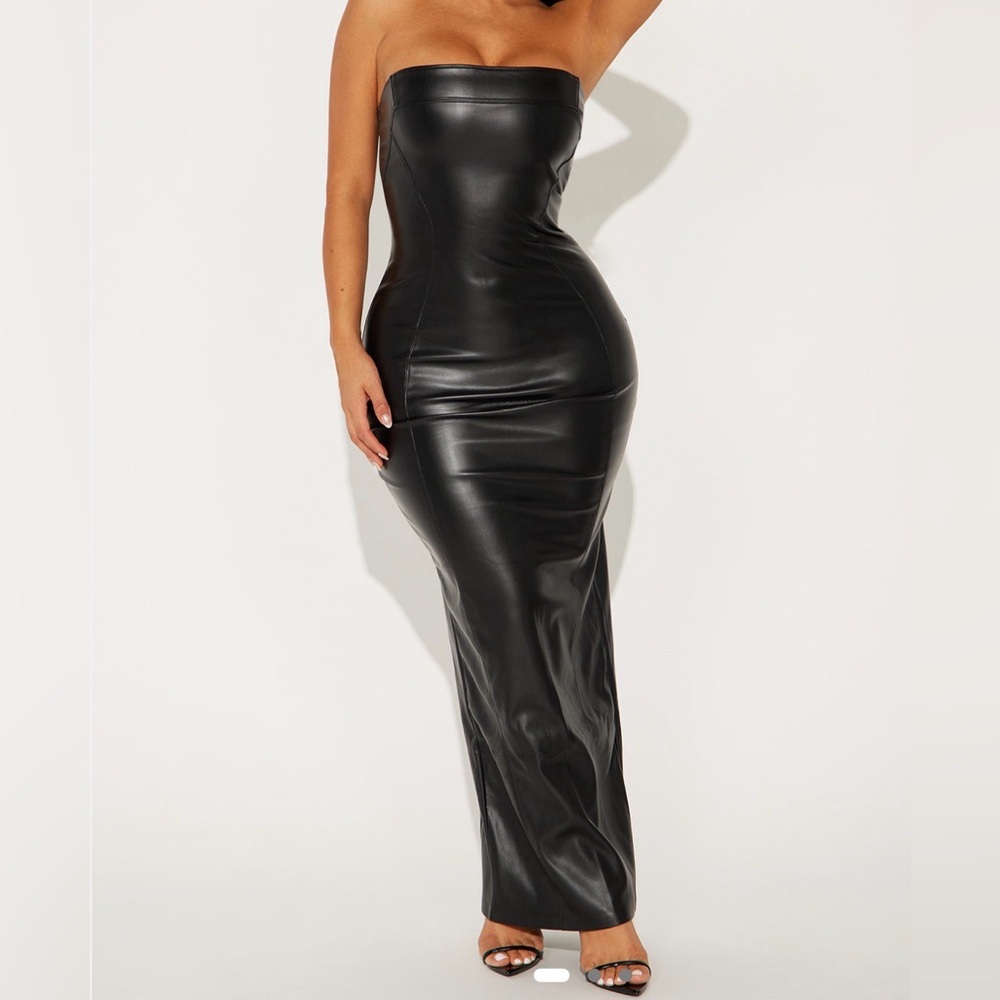 Faux Leather Black Strapless Dress